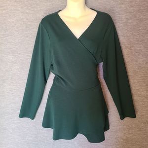 Eloquii Top Womens Plus Wrap Peplum Top V Neck Long Sleeve Blouse Green
